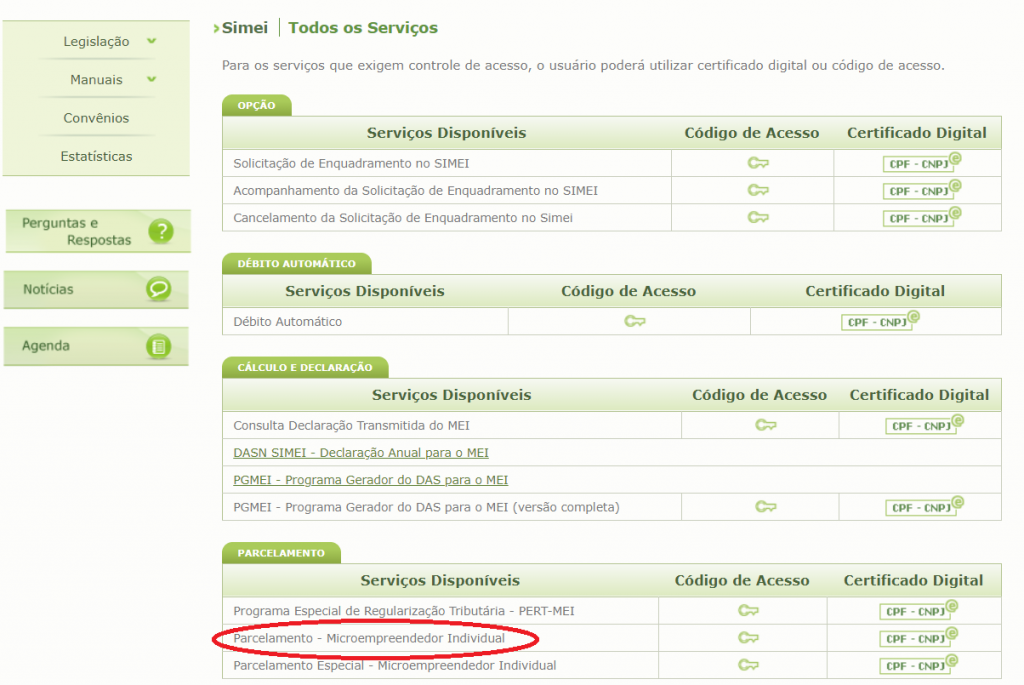 Navegando até a Opção de Parcelamento de Débitos - inspiração 1