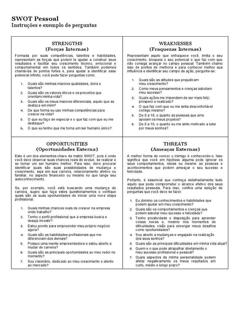 exemplo de análise SWOT pessoal para promoção