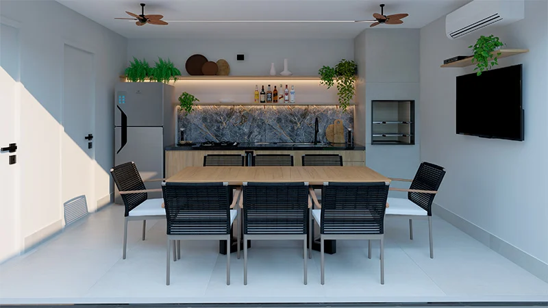 área gourmet integrada com sala e tv