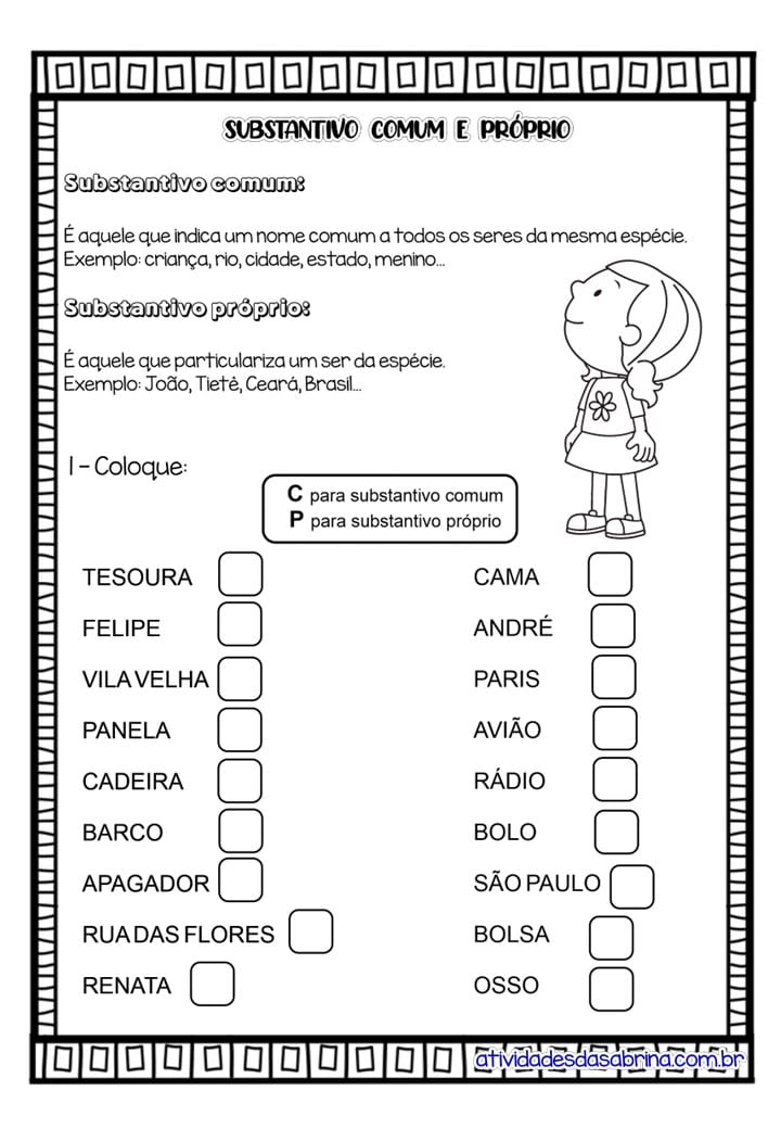 exercício substantivo próprio e comum para imprimir