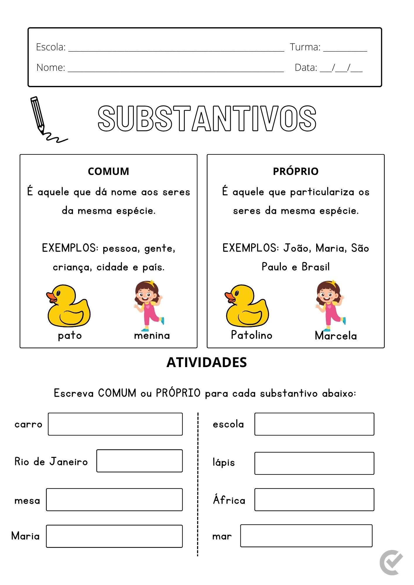 atividade sobre substantivos próprios e comuns 3 ano