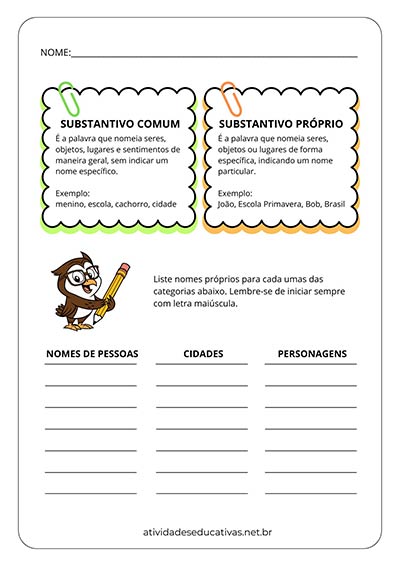 atividade sobre substantivos próprios e comuns 3 ano