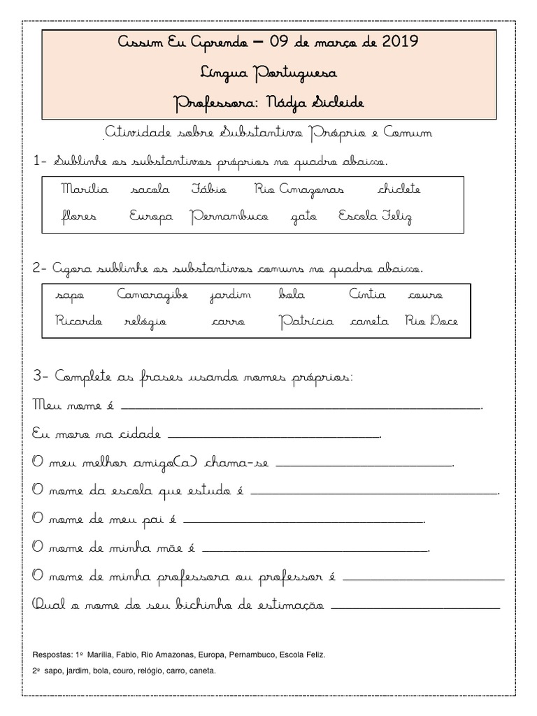 exercício substantivo próprio e comum para imprimir