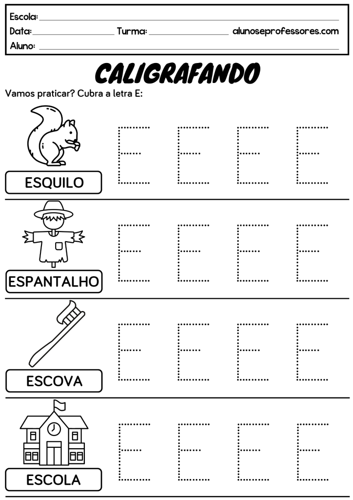 letra e cursiva pontilhada atividades