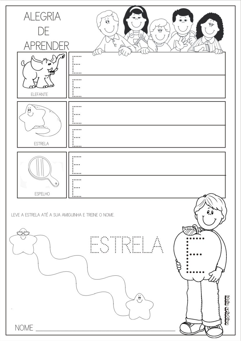 letra e com imagens pontilhadas