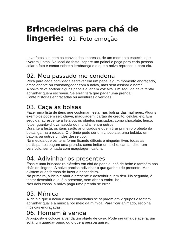 Brincadeira Para Cha De Lingerie