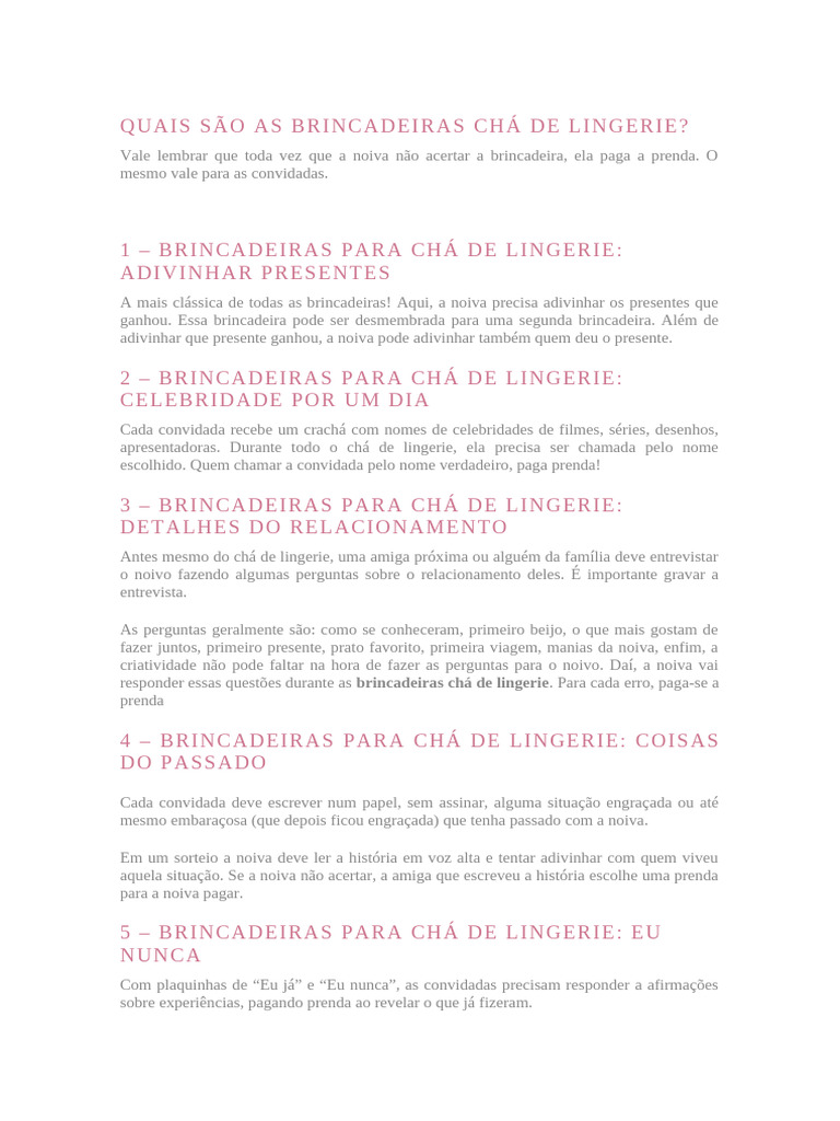 Brincadeira Para Cha De Lingerie