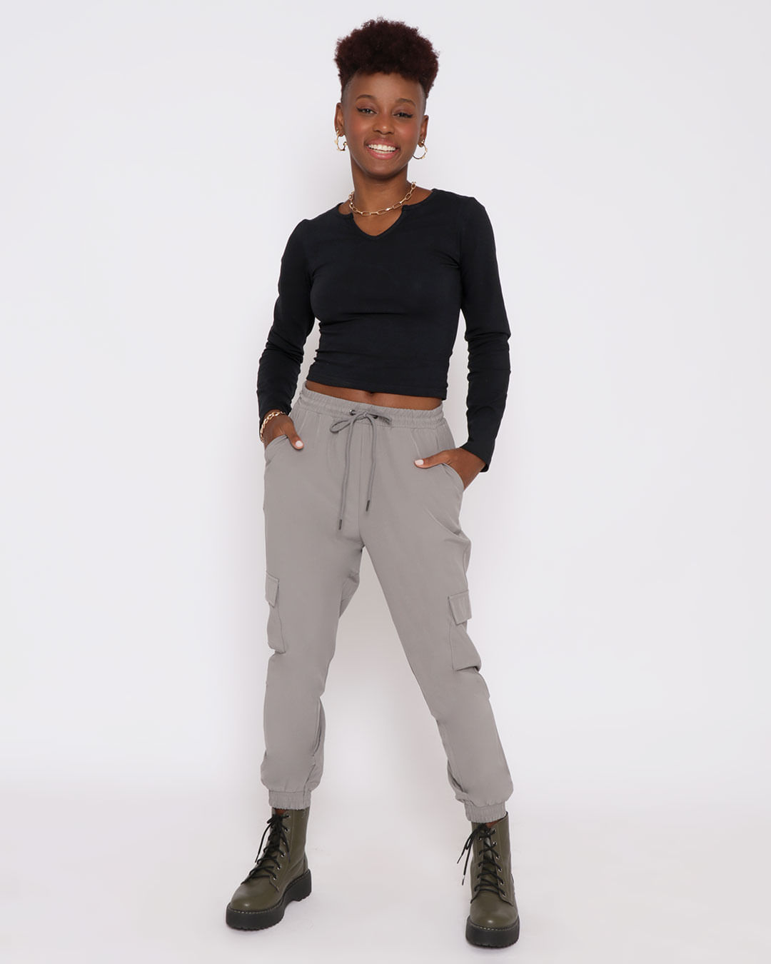 preço médio de calça cargo feminina cinza de qualidade