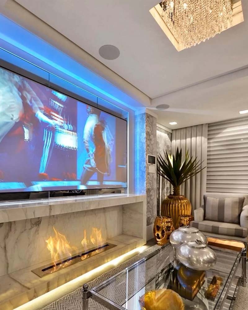 como decorar sala com lareira ecológica