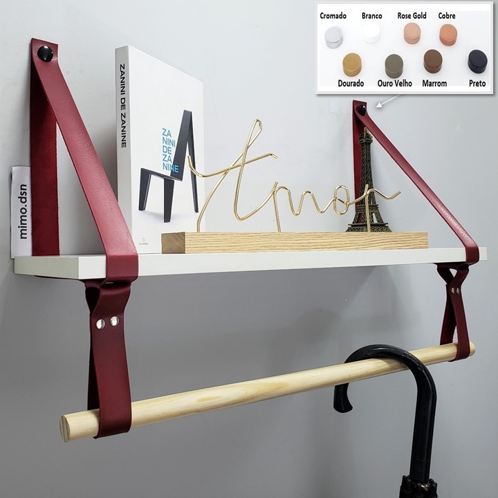 ideias de prateleira com alça de couro para sala