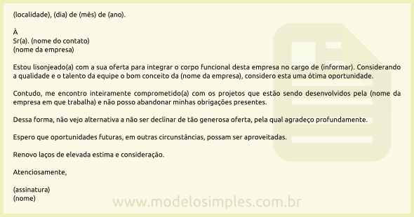 exemplos de como recusar uma proposta de emprego