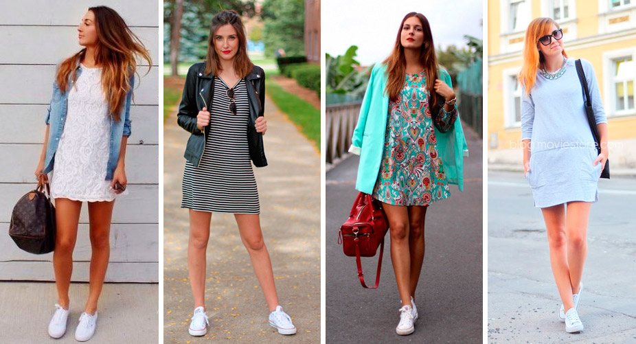 vestido jeans midi ou curto com tenis branco