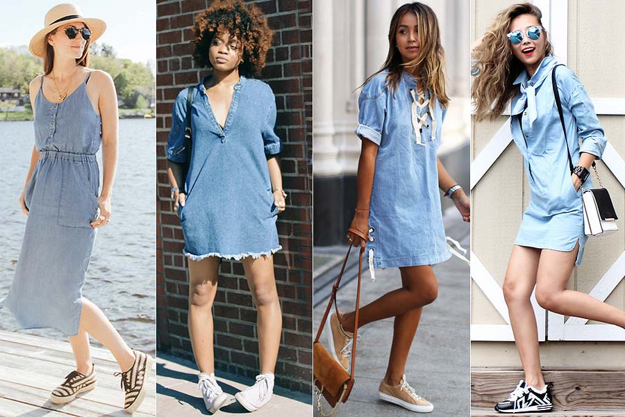 vestido jeans midi ou curto com tenis branco