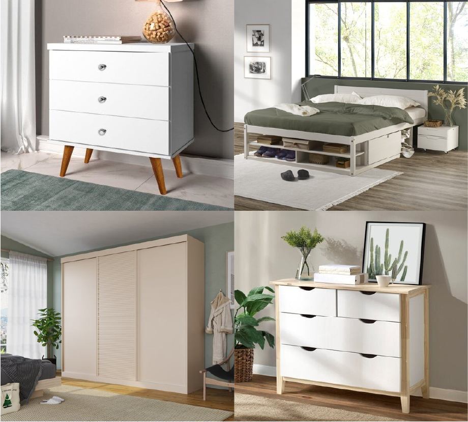 combinação de cores com móveis brancos e piso de madeira