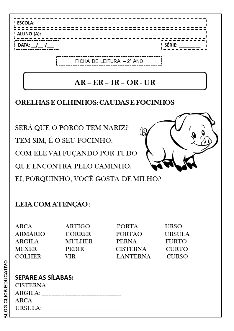 exercícios de leitura ar er ir or ur
