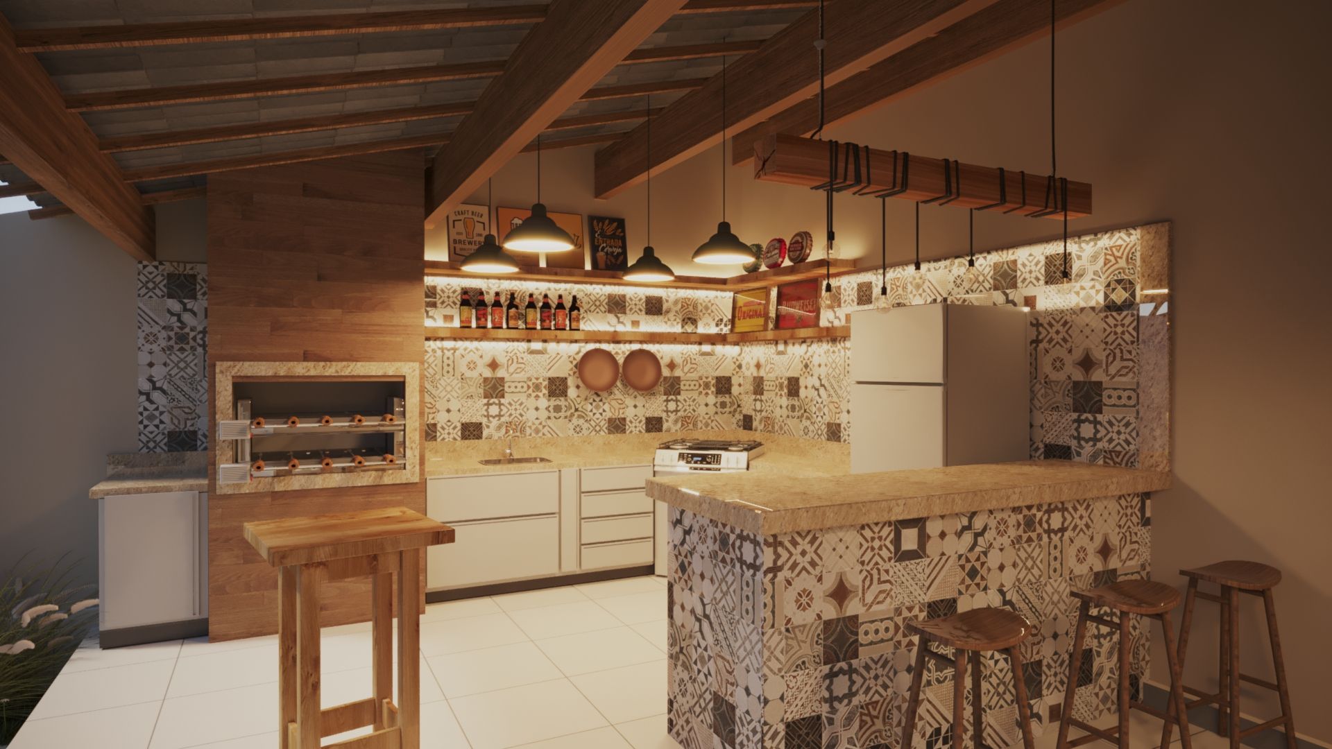 Cozinha com bancada de concreto e metais pretos