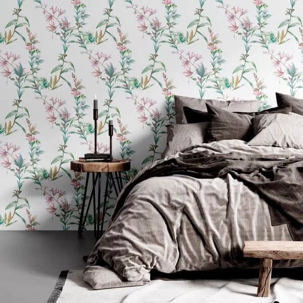 ideias de quarto de casal com papel de parede floral