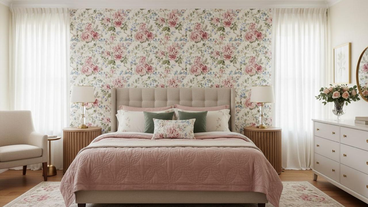 papel de parede floral com fundo preto para quarto de casal