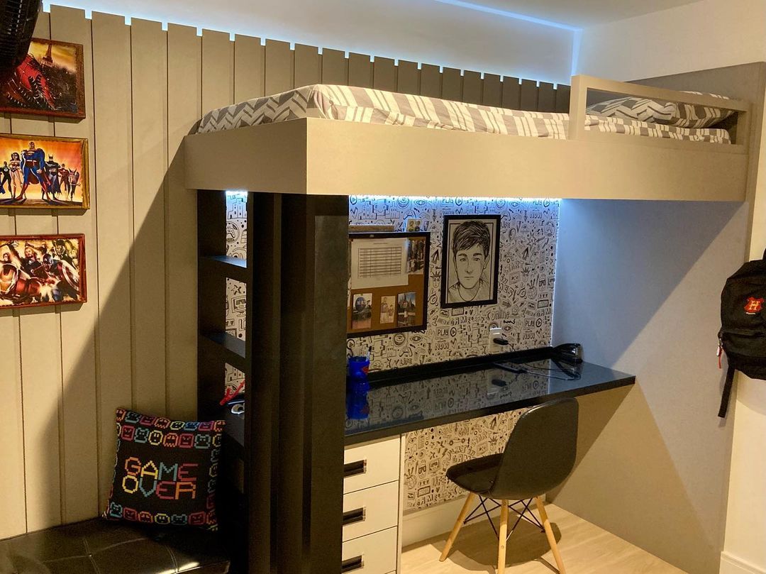 ideias de quarto de solteiro com cama suspensa