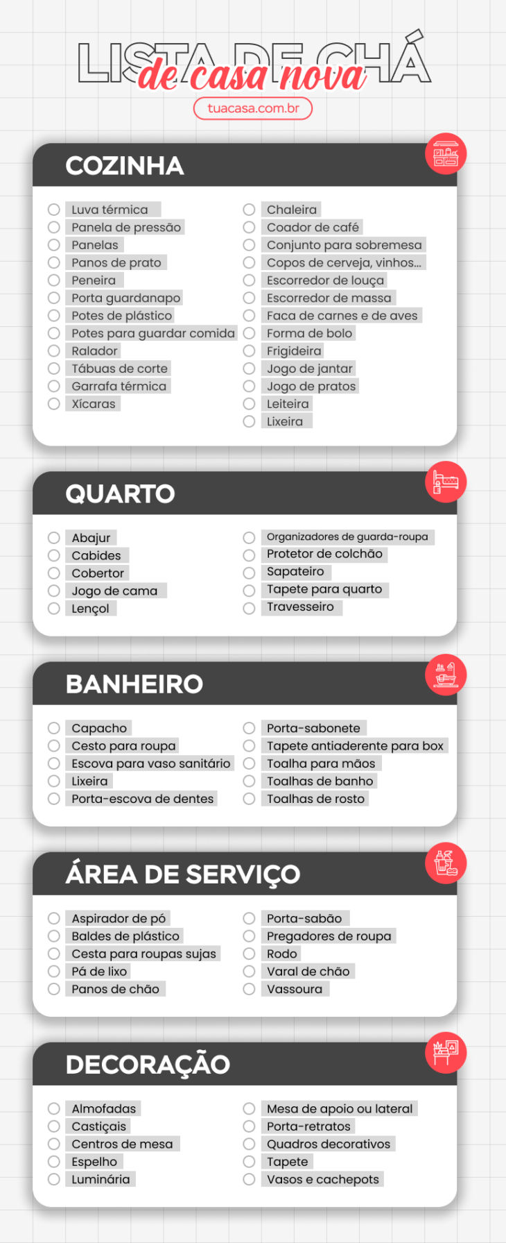 5 ideias de títulos:
1. Guia Definitivo: Montando sua Casa Nova do Zero
2. Checklist Essencial: O Que Não Pode Faltar na Sua Lista de Casa Nova
3. Dicas de Ouro para Organizar o Chá de Casa Nova Perfeito
4. Cômodo por Cômodo: A Lista Completa para Sua Nova Moradia
5. Planejamento Inteligente: Como Comprar para Casa Nova Sem Estourar o Orçamento