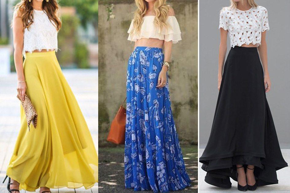 looks com saia longa e cropped
