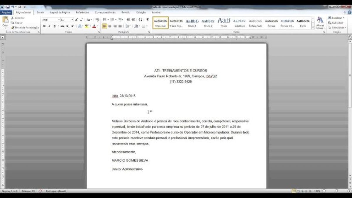 modelos de carta de recomendação profissional