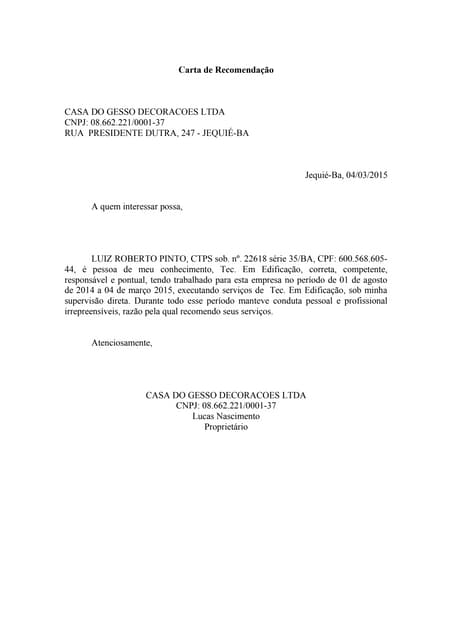 modelo carta de recomendação acadêmica
