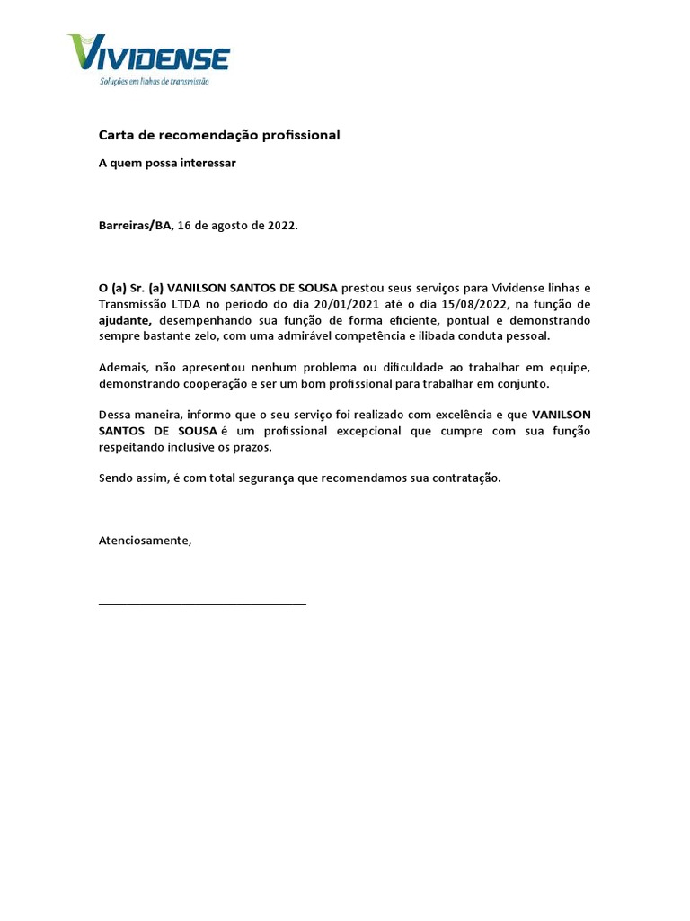 carta de recomendação para estágio