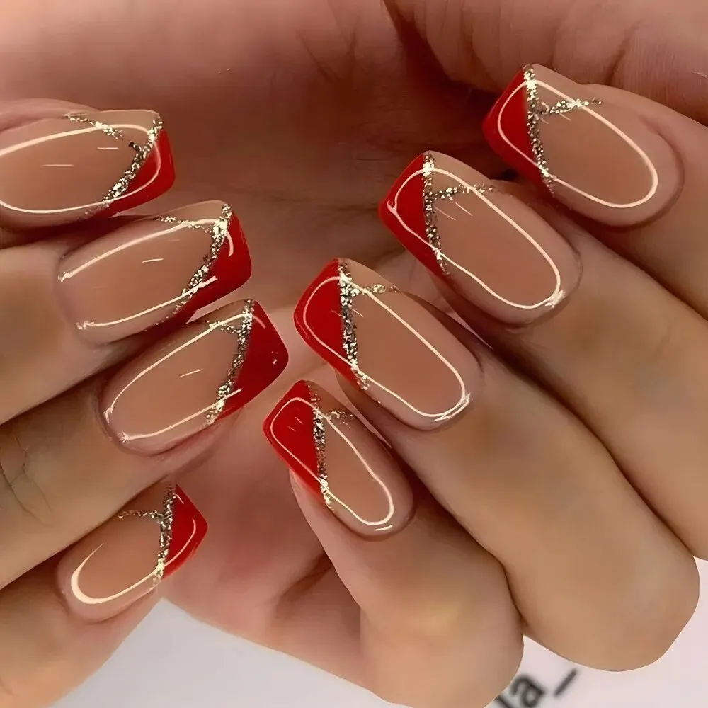 unhas vermelhas e douradas fim de ano
