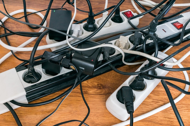 organização de cabos de computador e tv