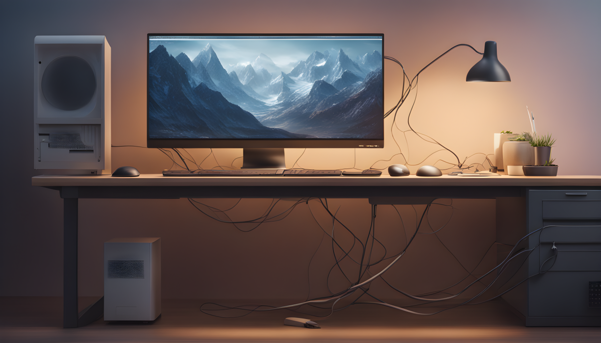 organização de cabos de computador e tv