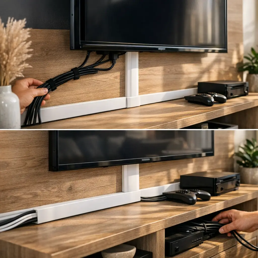 organização de cabos de computador e tv