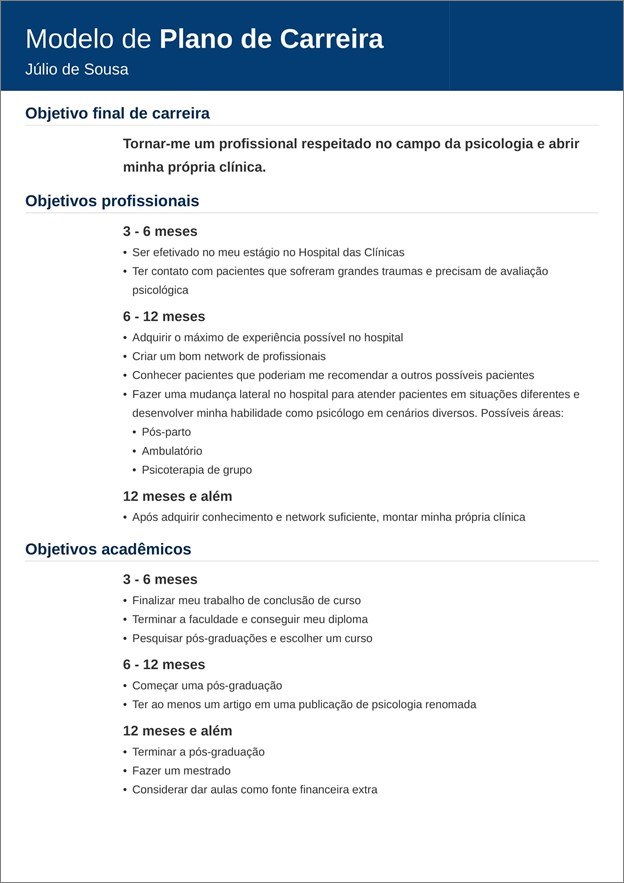 plano de carreira pessoal exemplo
