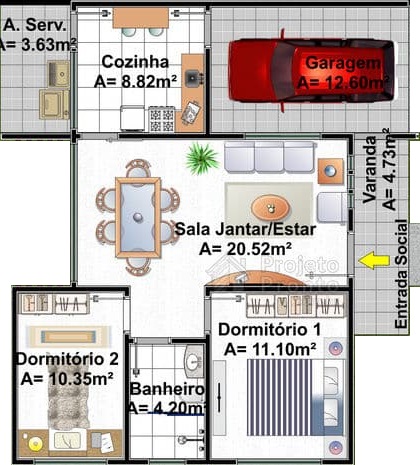 plantas de casas pequenas 2 quartos