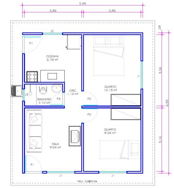 planta de casa 2 quartos 7x7