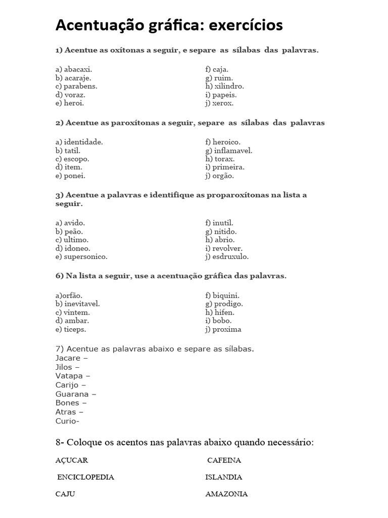 exercícios acentuação nova ortografia