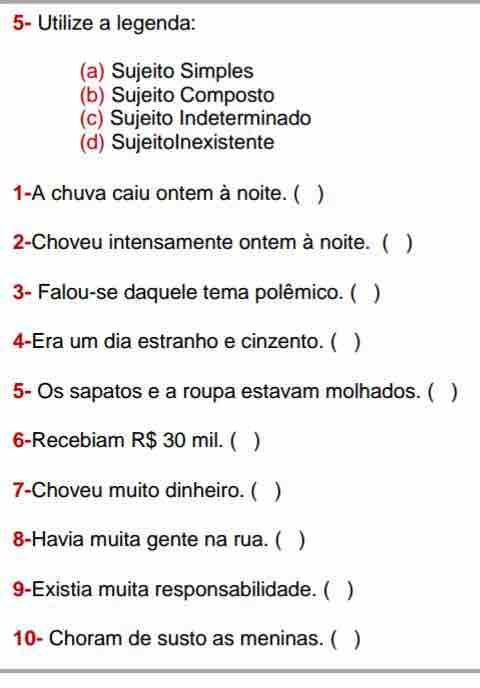 exercícios tipos de sujeito 7 ano