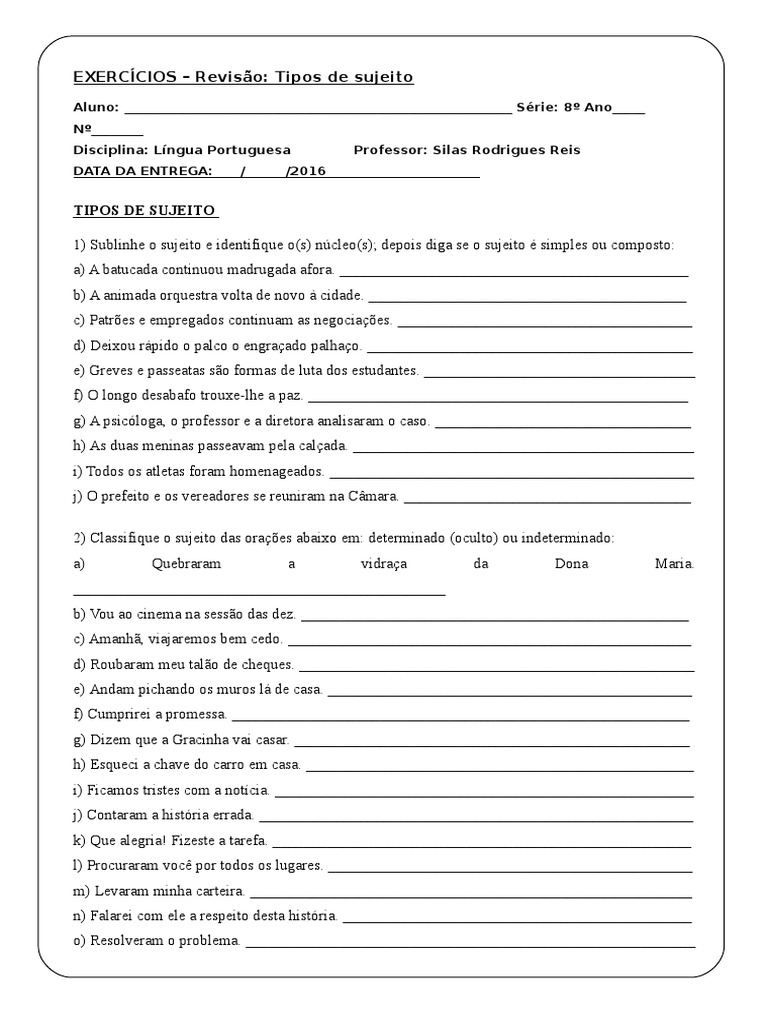 classificação do sujeito exercícios resolvidos