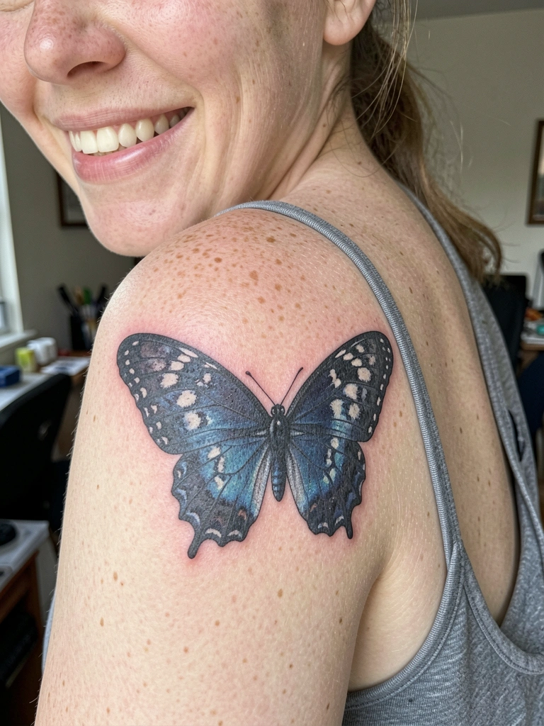 Tatuagem de borboleta colorida no ombro com asas abertas em tons de azul e laranja