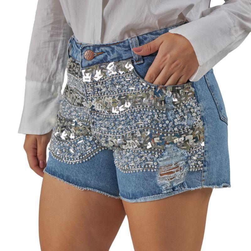 short jeans cintura alta com pedraria